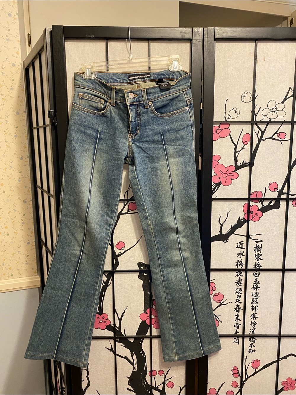 bebe Blue Faded Flare Jeans with Front Seams